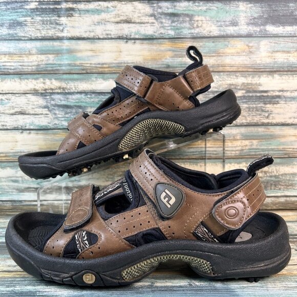 Footjoy Golf Sandals Brown Faux Leather 3 Hook & Loop Adjustable Straps Mens 8M - Picture 2 of 12